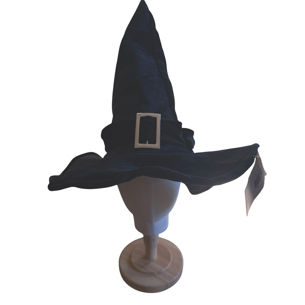 Vintage Funny Fashion Black Velvet Witch Hat Silver Buckle Halloween Costume NEW